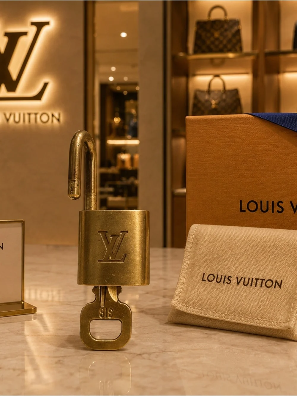 Louis Vuitton Brass Padlock and Key Set - Gold Tone. #318